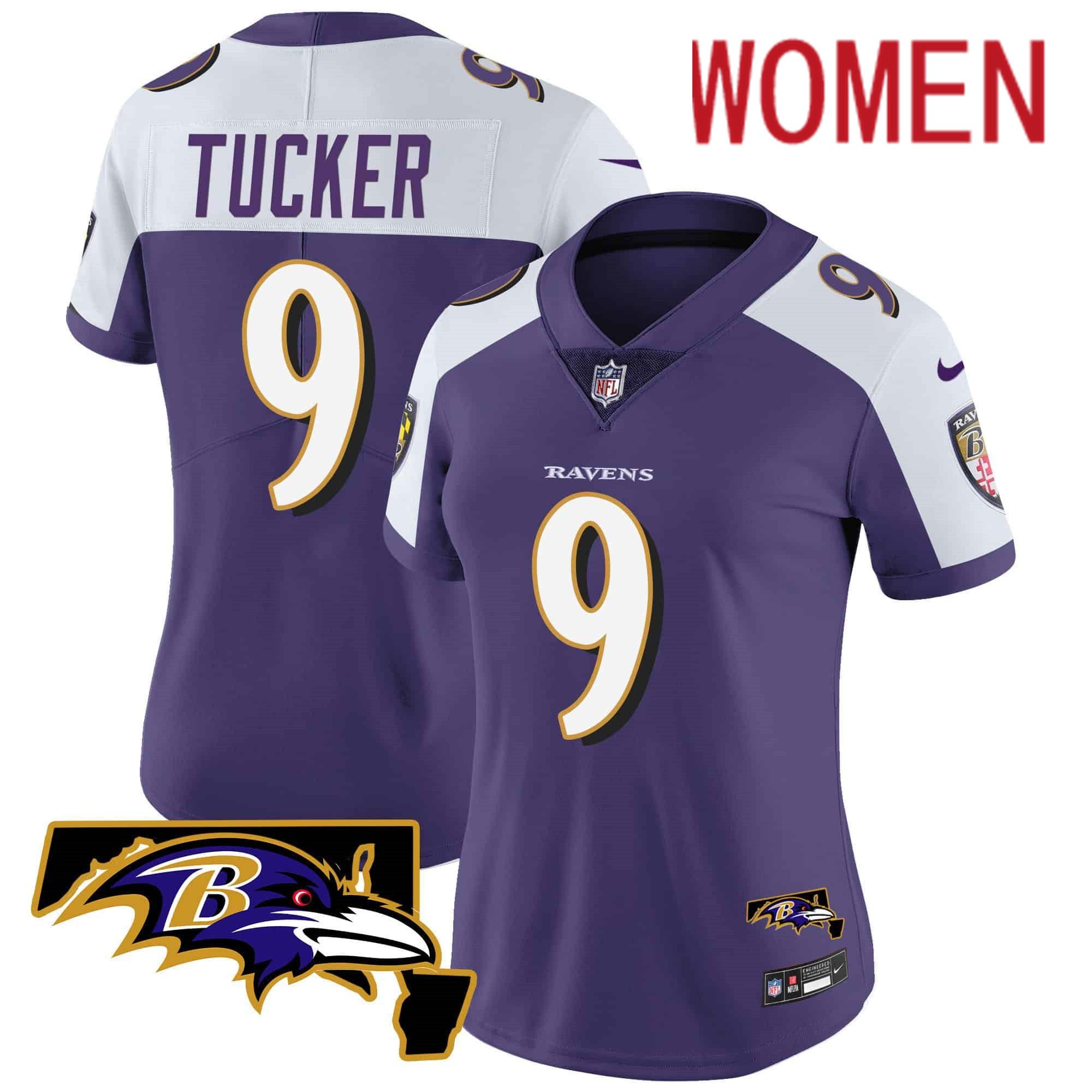 Women Baltimore Ravens #9 Tucker Purple 2024 Nike Maryland Patch Vapor Limited NFL Jersey